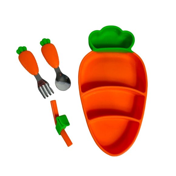Healthy Eating Toddler Carrot Plate Shaped Silicone Feeding Set Utensils Straw - Picture 5 of 14